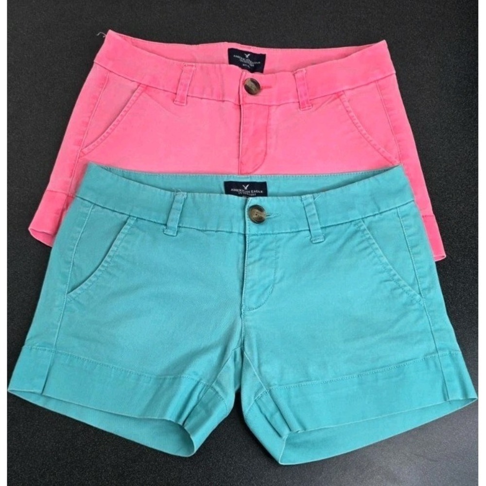 2 American Eagle Midi Shorts Women 00 Chino Preppy Summer Low Rise Y2K Neon Mini